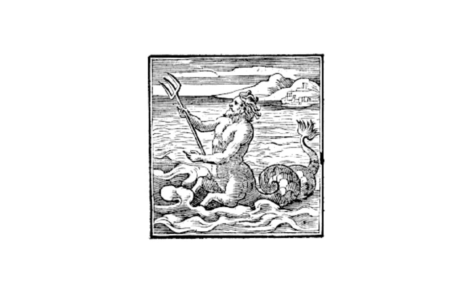 Woodcut print of Greek Sea God Proteus. Displayed in the Book of Emblems by Andrea Alciato (1531). Public Domain
